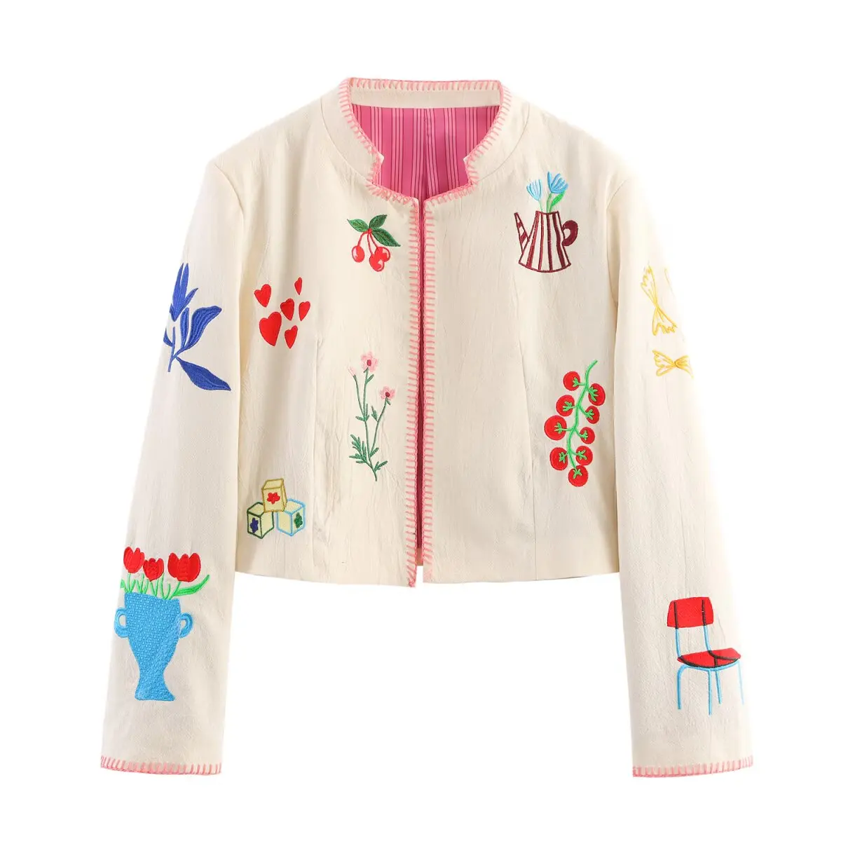 

2025 New Women's Clothing European and American Style Fashion Contrast Color Embroidery Round Neck Long Sleeve Jacket