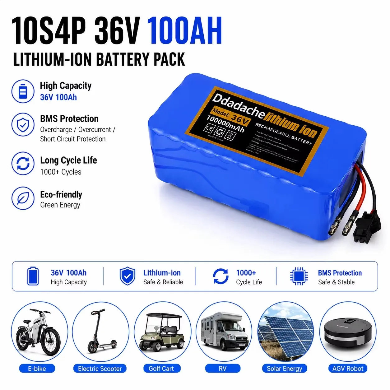 Batterie lithium-ion rechargeable 36V 10S4P 100Ah avec BMS, puissance 1000W, adaptée aux vélos de montagne électriques et aux trottinettes électriques