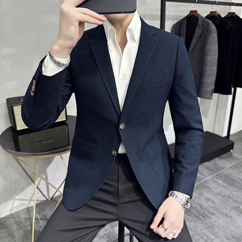 

British Style Single-breasted Men Blazers Slim Wedding Business Casual Suit Jacket Houndstooth Street Wear Social Dress Coat