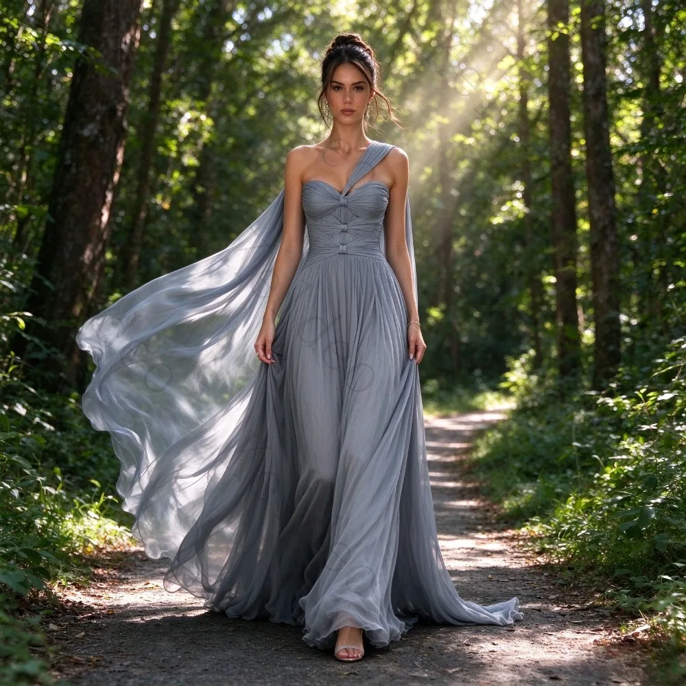 Customized Exquisite One Shoulder Straight Evening Gowns with Bow Ribbon Pleated Chiffon Trailing Beach Cocktail Prom Dresses