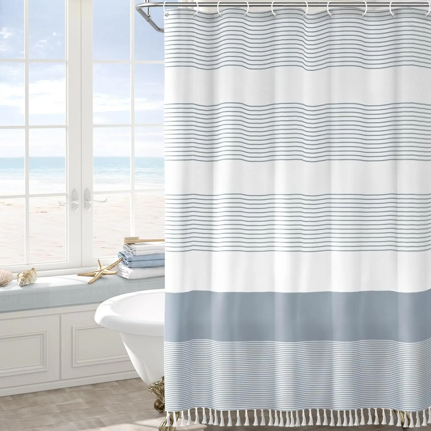 

Blue Shower Curtain Beach Ocean Coastal Nautical Shower Curtain for Bathroom