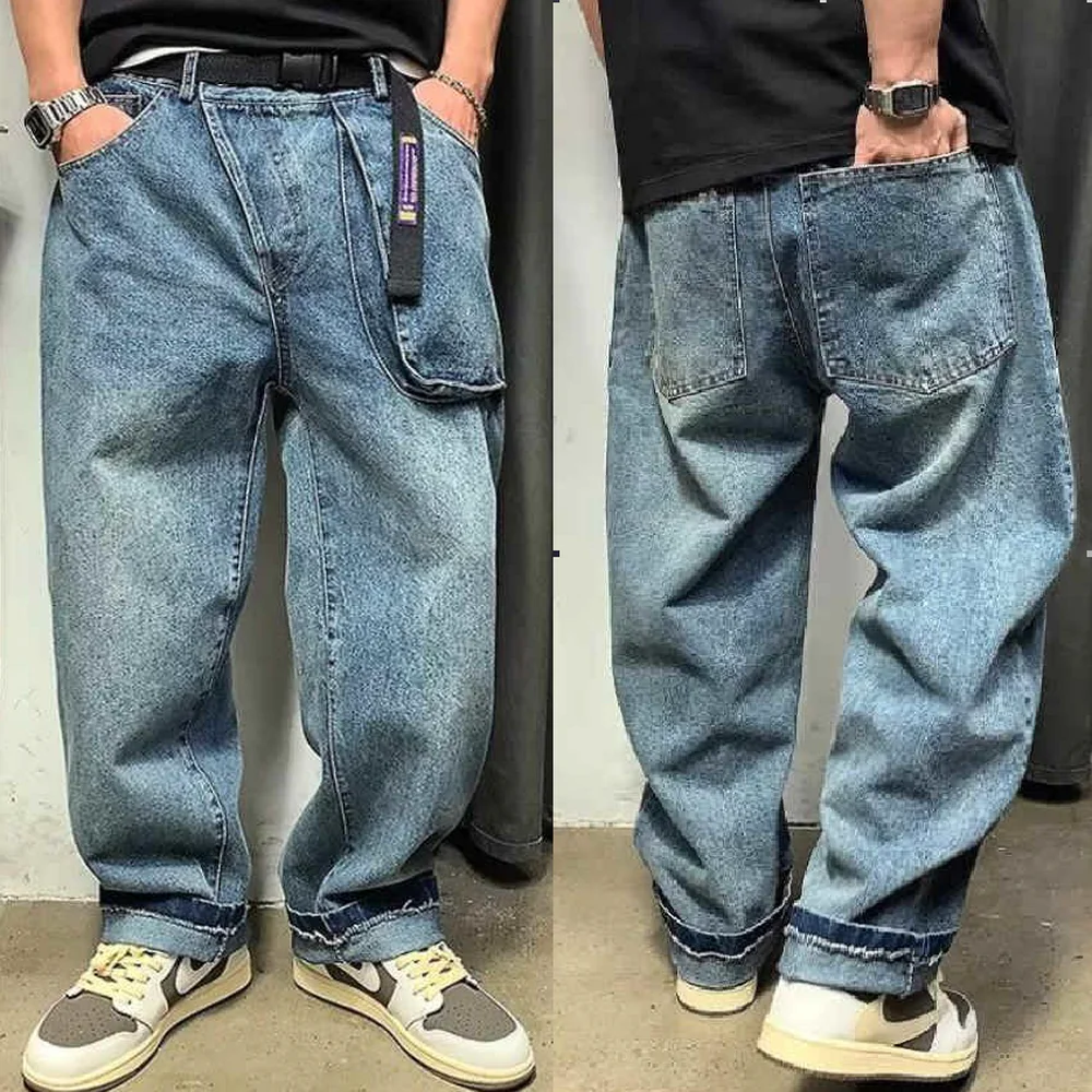 Japanese Jeans Men Retro Large Pocket Washed Denim Pants Wide Leg Diagonal Zipper Strap Pants