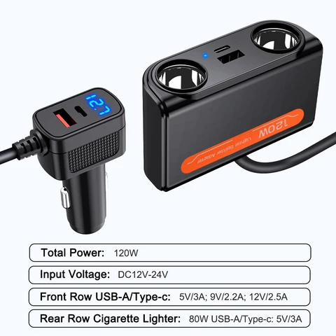 120W Car Charger Splitter Multi Ports PD USB Socket Cigarette Lighter Adapter Car Fast Charge Socket Adapter With LED Voltmeter