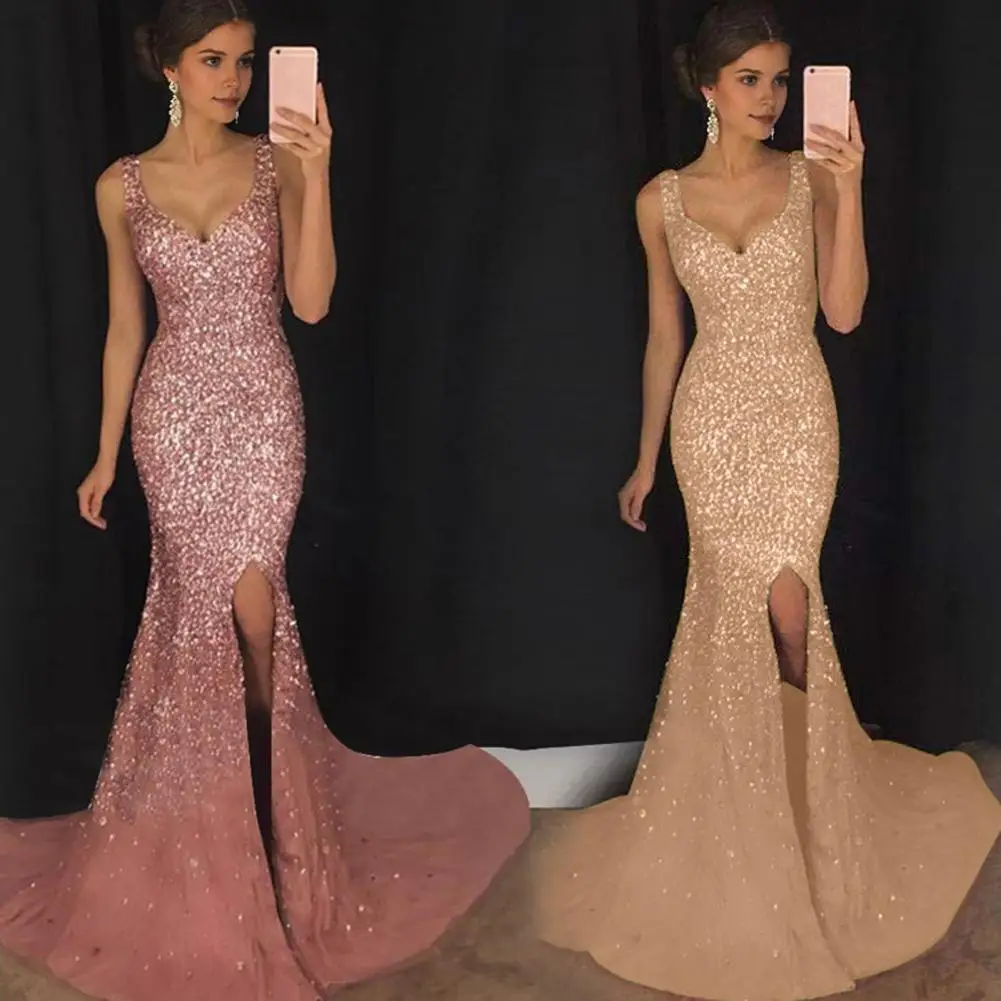 Women Elegant V Neck Sequin Evening Dress Long 2024 New Women Mermaid Formal Dress Party Gown Bodycon Maxi Prom Dress Christmas