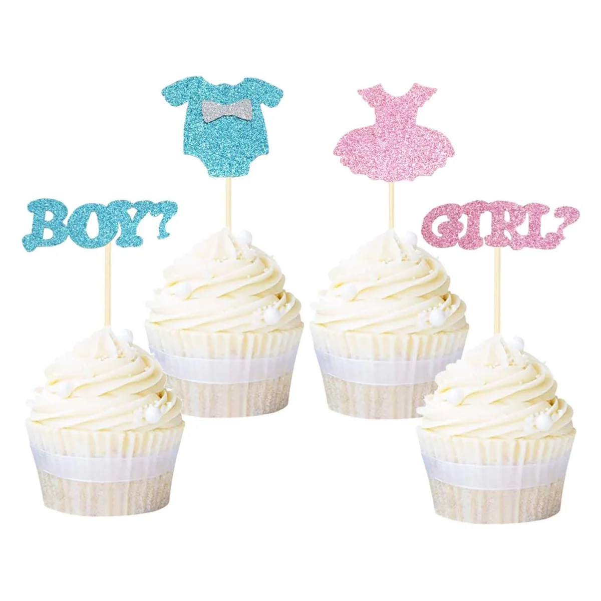 24 PCSPack Boy or Girl Cupcake Toppers Glitter Onesie Jumpsuit Cupcake Picks Baby Shower Kids Birthday Gender Reveal Party Cake