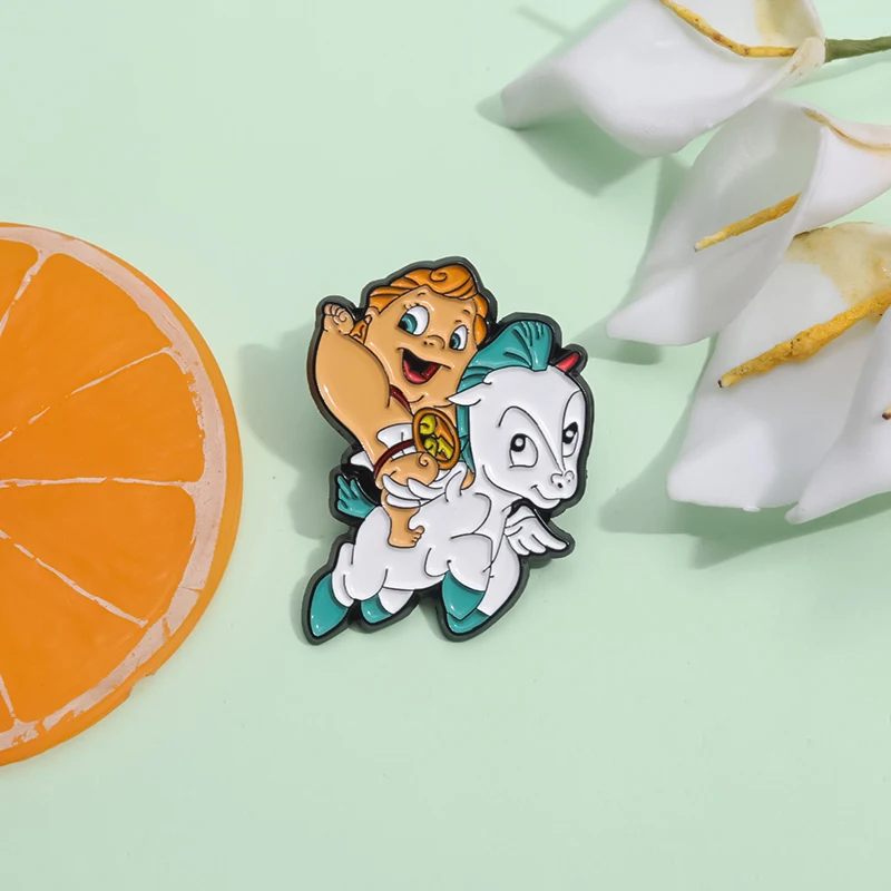 Creative Cartoon Hercules Baby Enamel Pins Cute White Pegasus Knight Metal Brooch Badge Trendy Fun Lapel Jewelry Gift For Kids