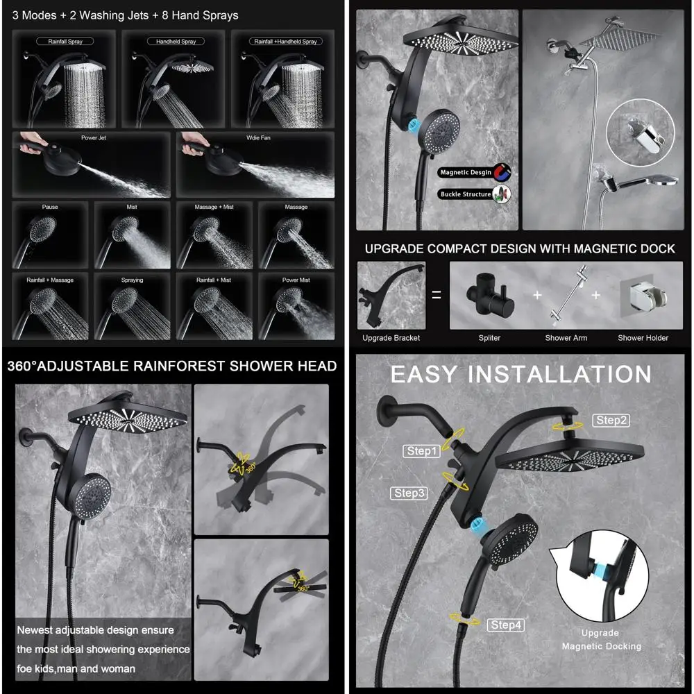 

Luxury Shower System: Dual Showerhead Set with Fixed and 10-Setting Handheld, Magnetic Dock, and Power Jets