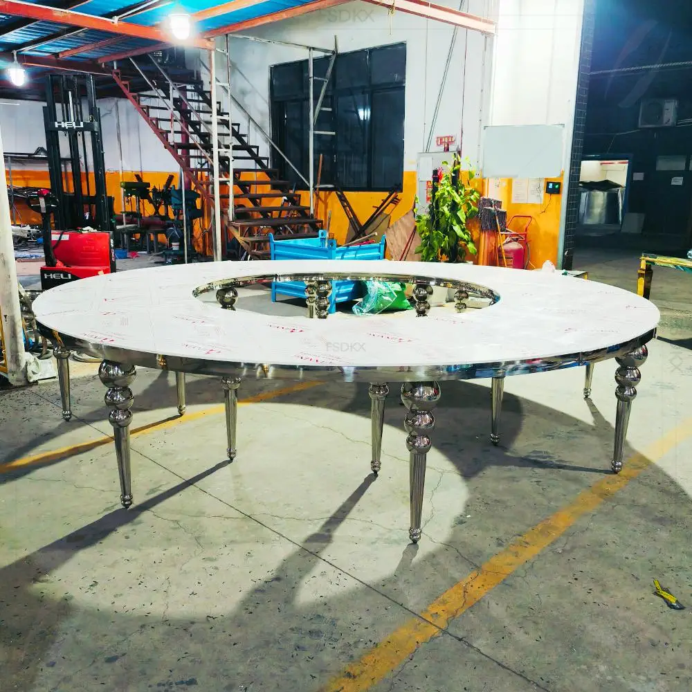 Hotel Luxury Wedding Round Dining Table Glass Top Serpentine Gold Stainless Steel Event Party Table