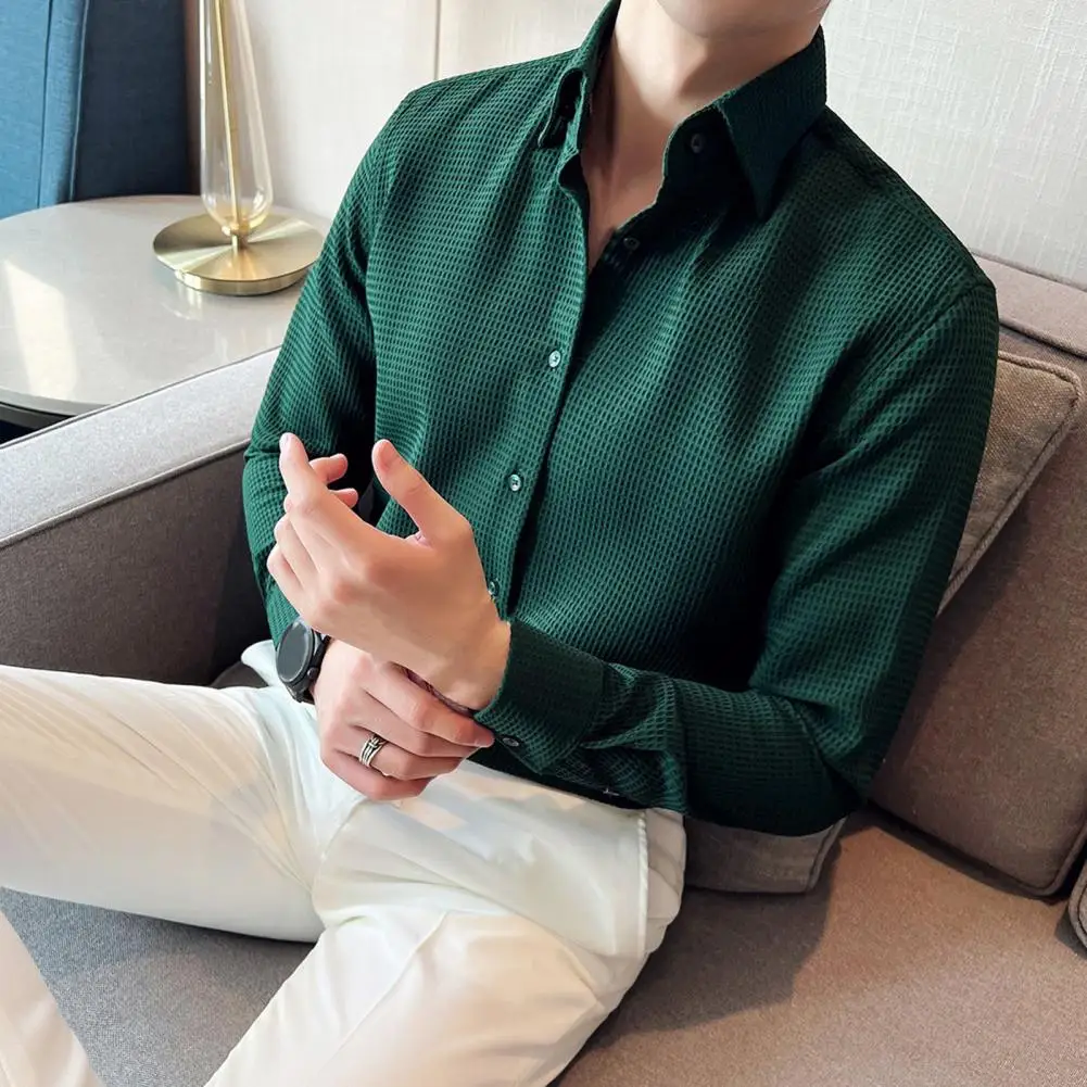 Men Spring Fall Shirt Frence Style Turn-down Collar Waffle Texture Pure Color Mid Length Young Formal Business Event Office Top