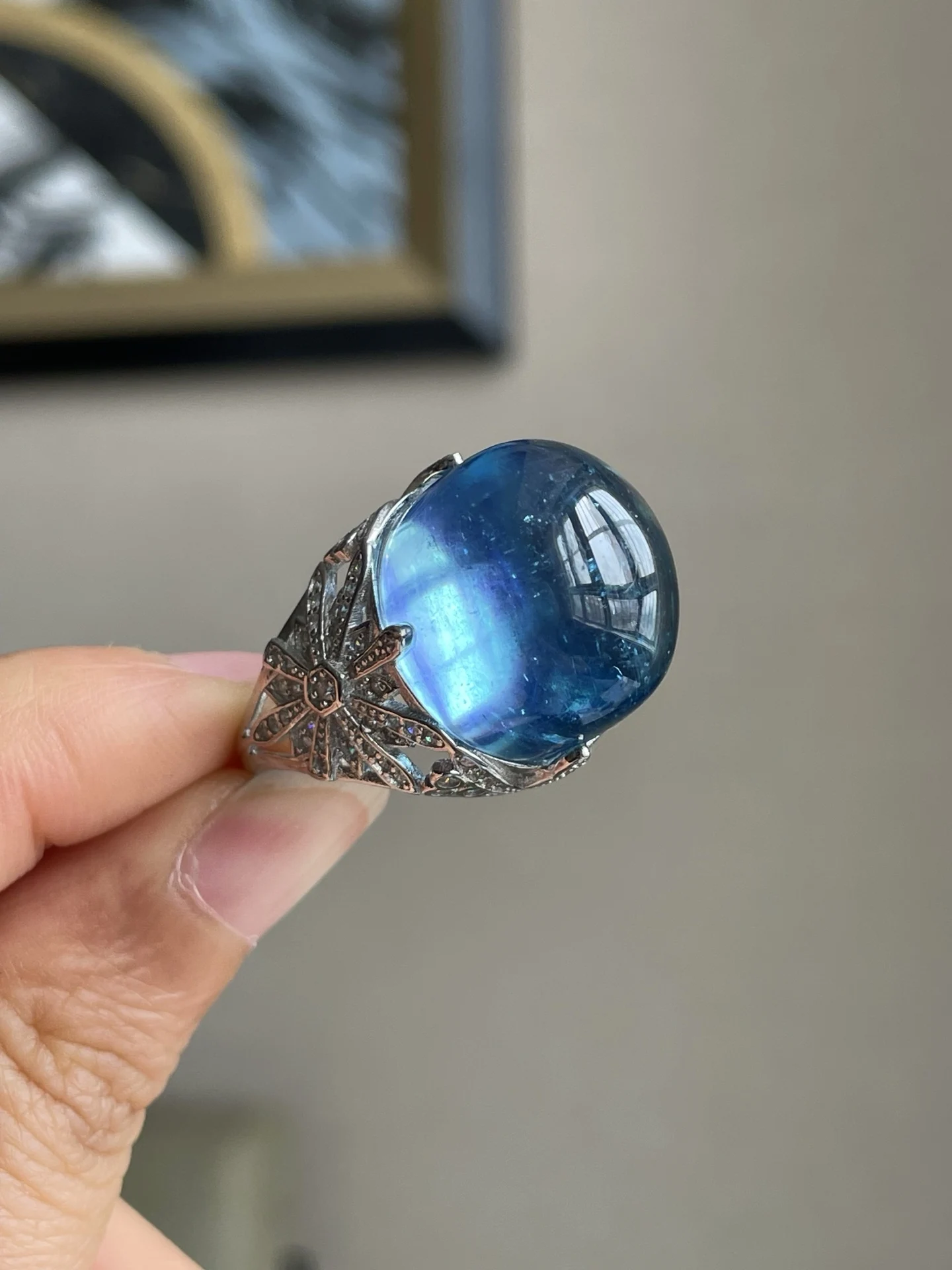 

Natural Blue Aquamarine Ring Adjustable Ring 18*15.5*17.8mm 925 Sterling Silver Clear Bead Aquamarine Ring Jewelry AAAAAA