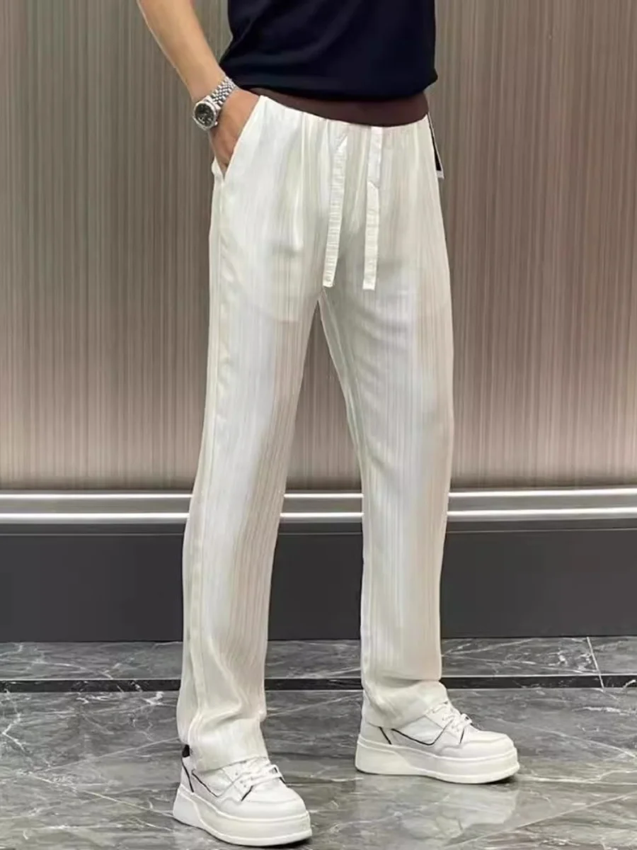 

Летние мужские повседневные брюки свободного кроя из ацетатного ледяного шелка, легкие, тонкие, молодежные, в стиле кэжуал, черно-белые, коллекция 2024 года