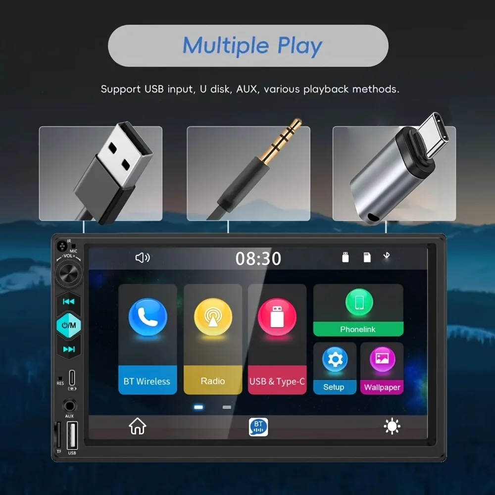 2DIN 7 بوصة سيارة مشغل MP5 شاشة تعمل باللمس راديو ستيريو قابل للتعديل عكس الكاميرا اللاسلكية مرآة ربط FM USB/TF بطاقة/AUX/Type-C