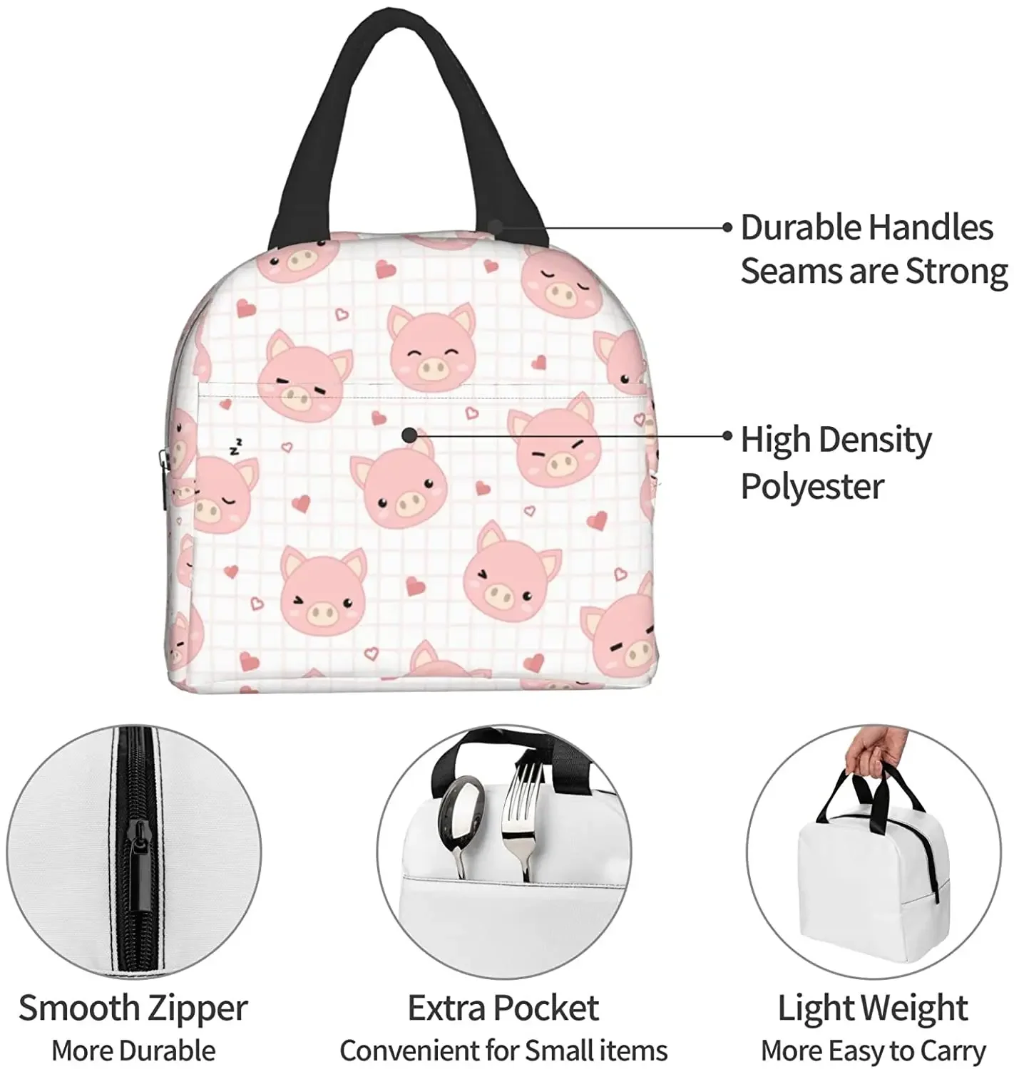 Cute Pig with Grid and Heart Cooler Lunch Box Portable Insulated Canvas Lunch Bag Thermal Food Picnic Lunch Bags for Women Kids