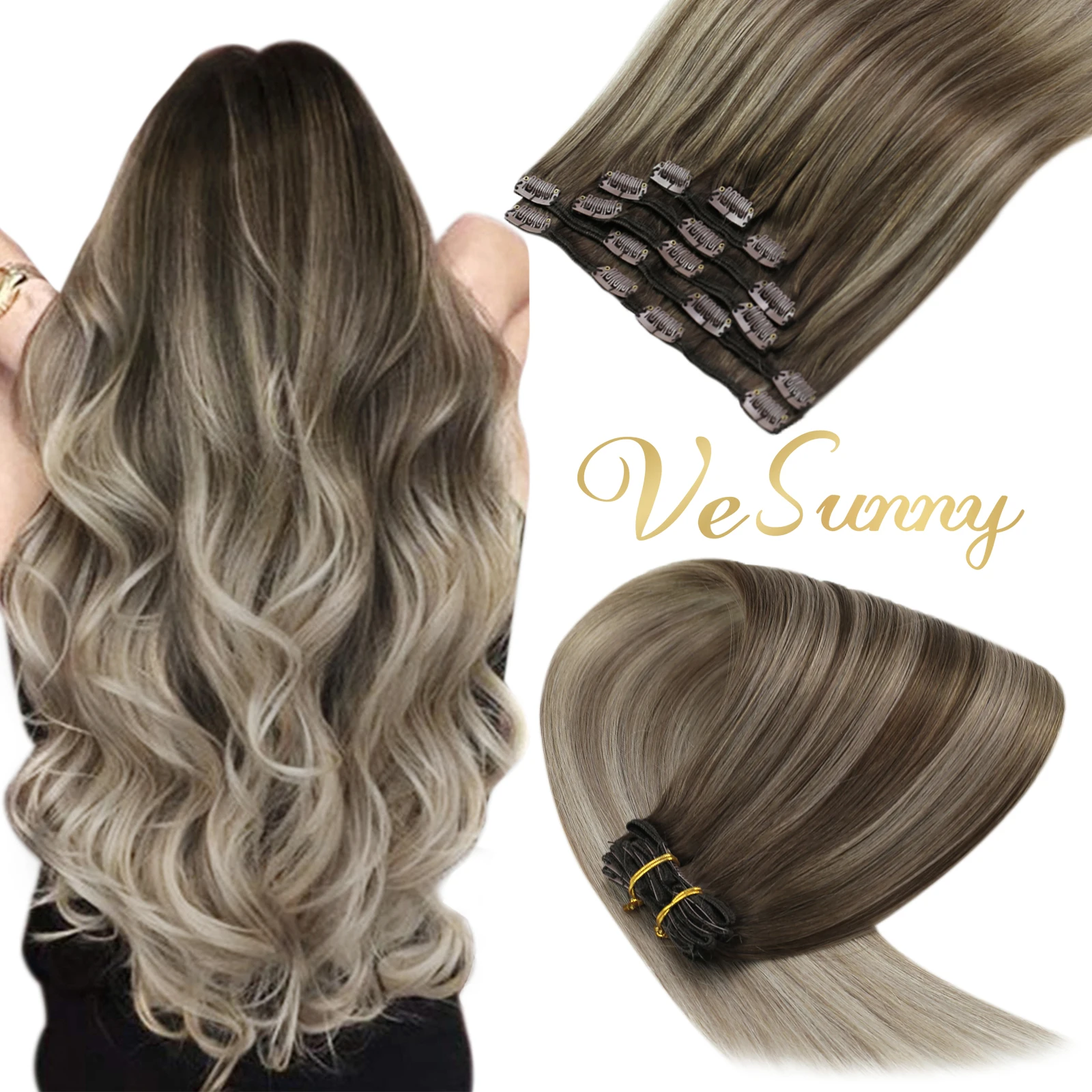 VeSunny Clip in Human Hair Extensions Clip in Extensions Remy Human Hair Double Weft Clip in Ombre Hair Extensions 7pcs/120g