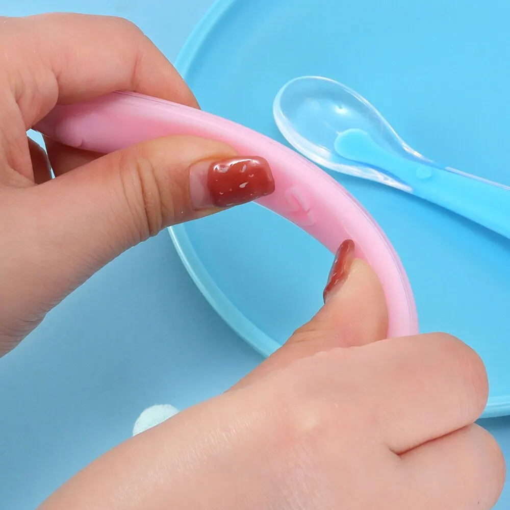 2Pcs Baby Silicone Spoon Set Kids Soft PP Plastic Pink Blue Safe Spoon With Box