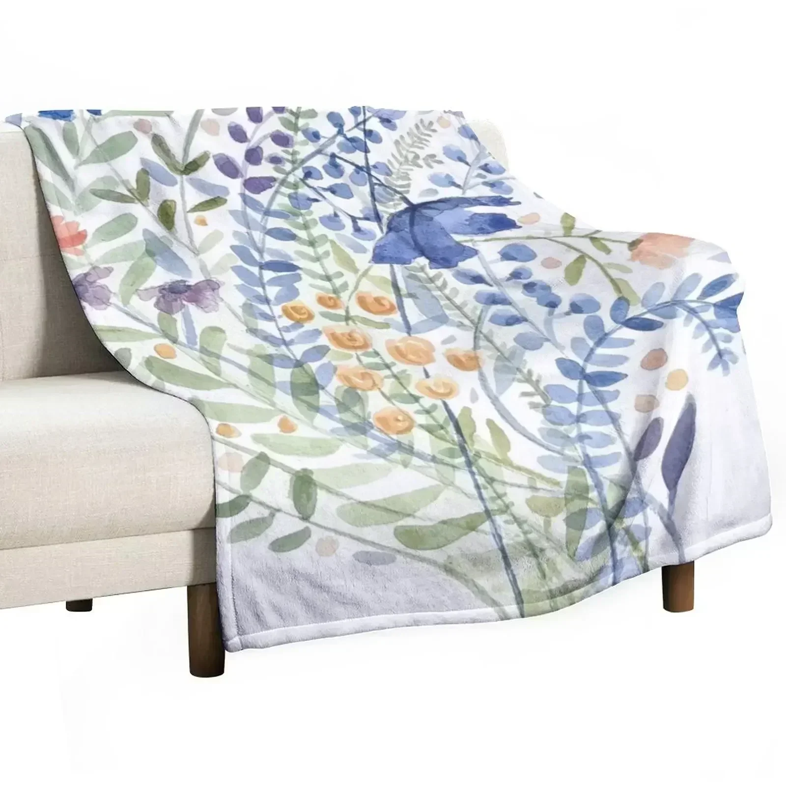 Blue Summer Watercolor Bouquet Painting Throw Blanket Nap Sofas Comforter Flannel Fabric Blankets