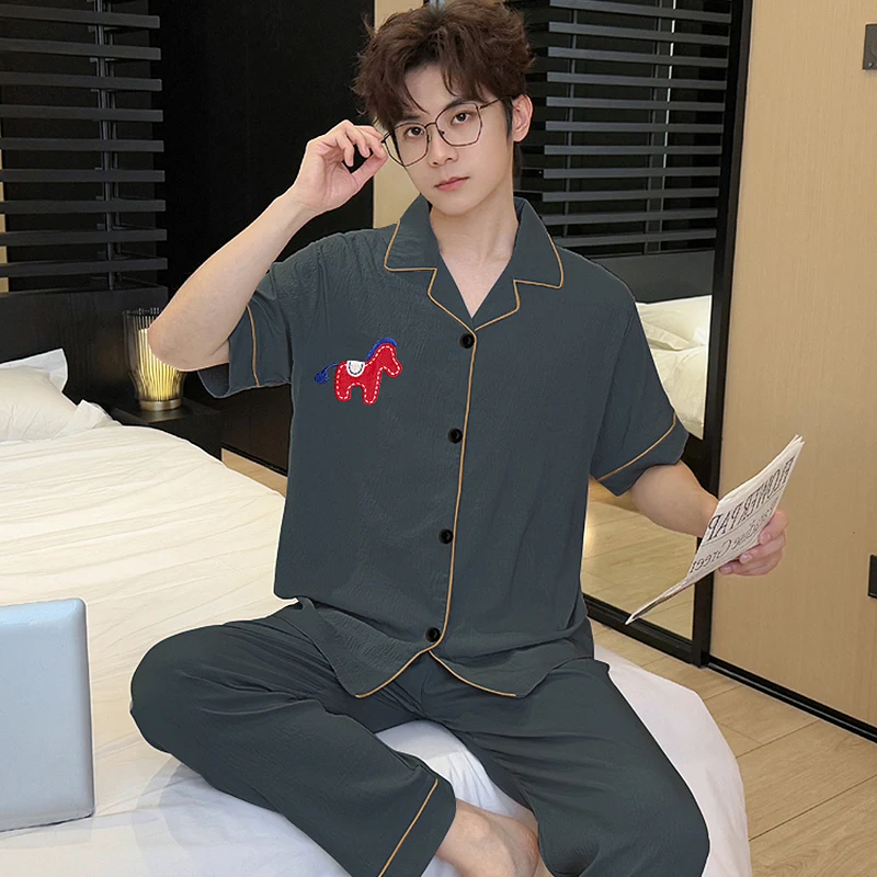 Men's Embroidered Pony Casual Loose Short Pants Sleepwear Homewear Set Four-Season Solid Nightwear Student Pajamas Large Size