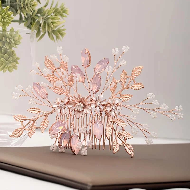 Rose Gold Color Crystal Pearl Flower Leaf Hair Comb Clip Hairpin Headband For Women Bride