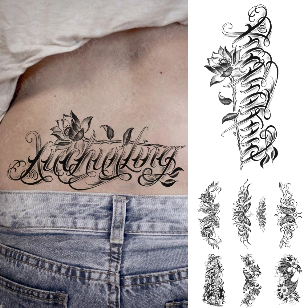 

Gothic Lotus Waterproof Temporary Tattoos Sticker Word Letter Text Leaf Women Sexy Arm Waist Tatoo Body Art Black Fake Tattoo Me