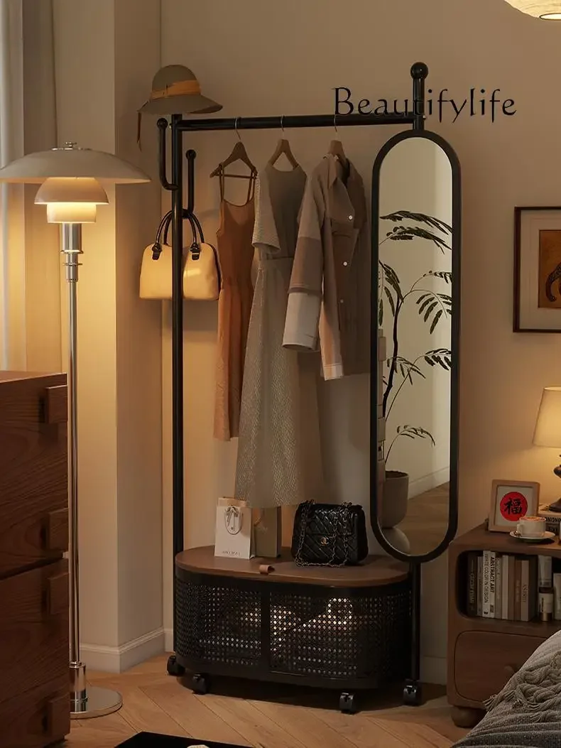 X Bedroom Cloakroom Movable Hanger With Mirror Floor-to-ceiling Full-body Mirror Rack
