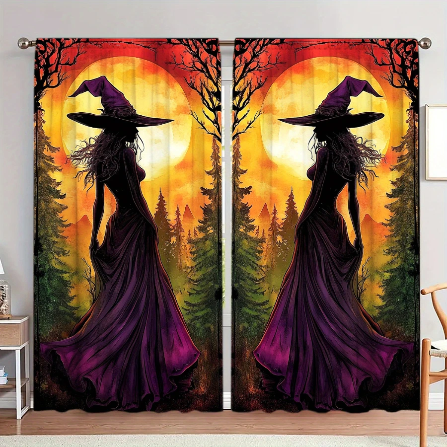 2PCS Digital Printed Curtains, Purple Witch Silhouette Sunset Forest Sky, Spooky Halloween Woodland Sorceress Window Decor