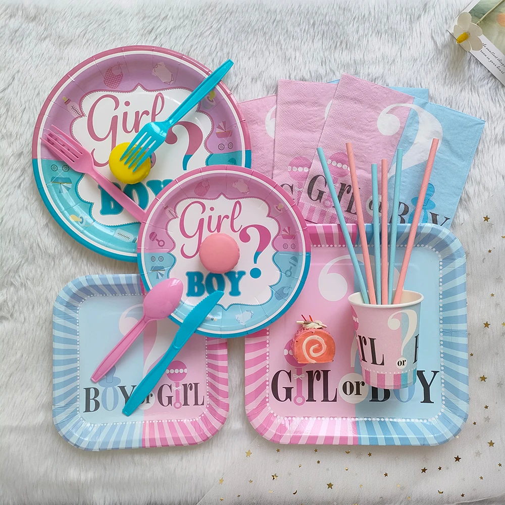 

Gender Reveal Them Disposable Tableware Set Boy Or Girl Plate Napkin Tablecloth Flag Baby Shower Gender Reveal Party Decorations