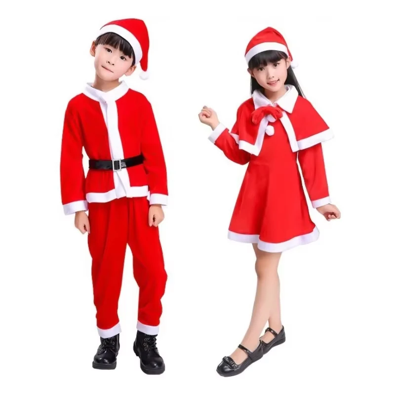 Warm Christmas Party Suit For Winter Kids, Coat, Pants, Hat And Shoe Covers, Santa Claus Role Play Suit For Boys And Girls, Chri
