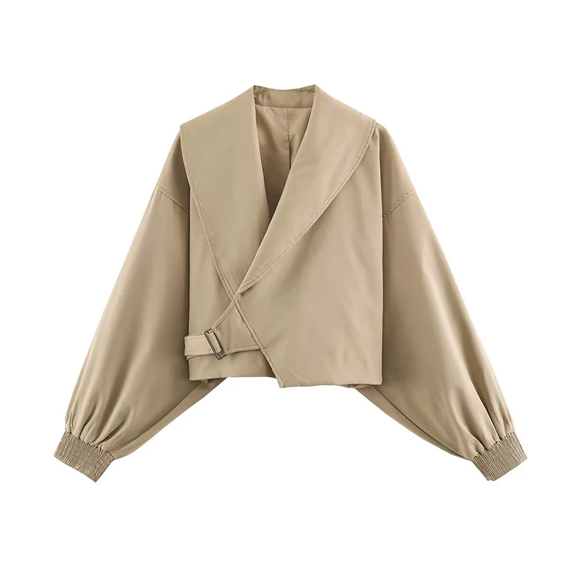 YENKYE Women  Asymmetric Wrap Crop Jacket Big Wide Lapel Adjustable Side Buckle Belt Long Sleeve Autumn Coat For Daily Commute
