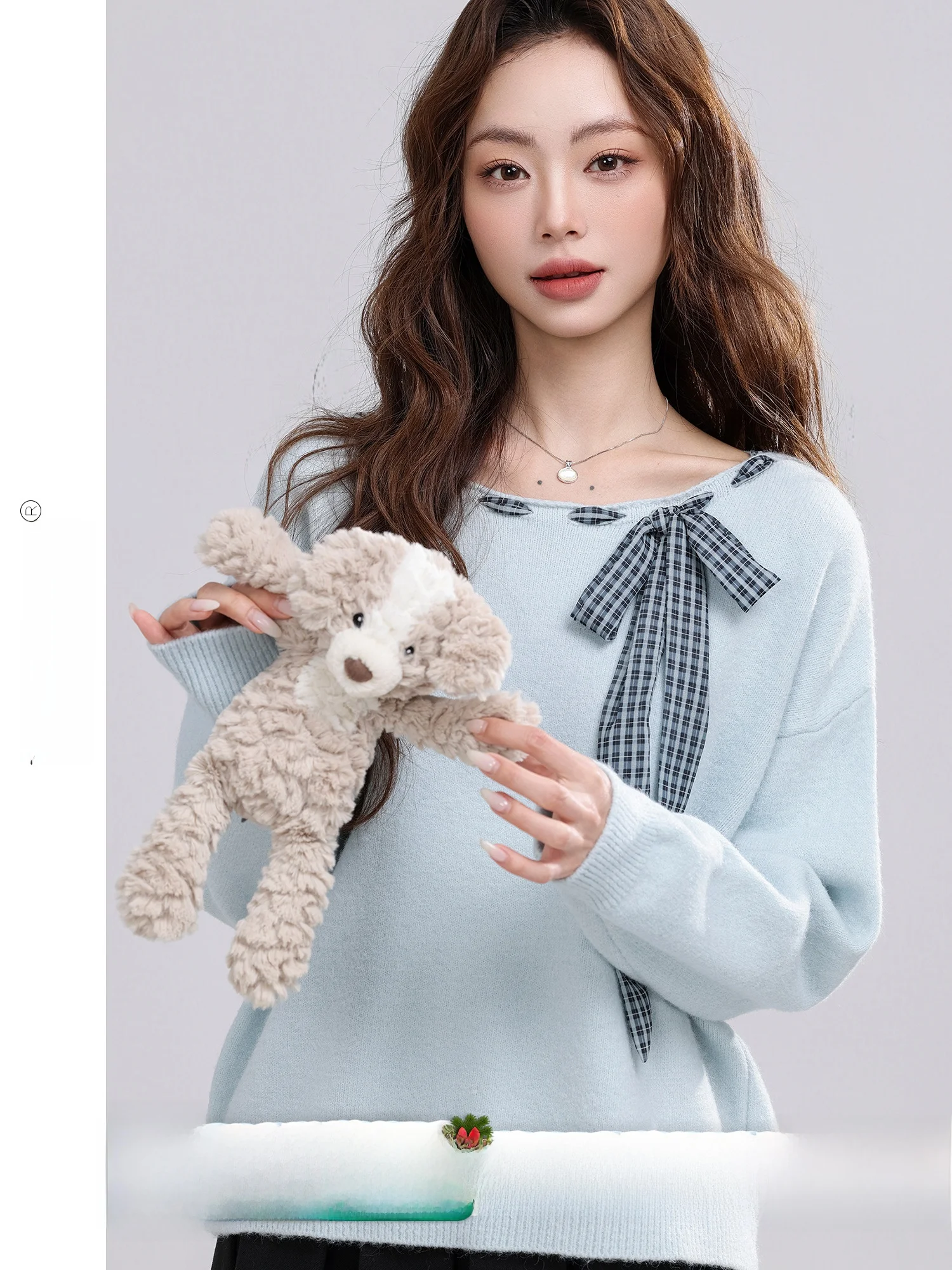 

Snow Kissed Soft Blue Women's Sweater round Ne Design Sensation Winter New Sle French Sle Loose Fit Long Sve Top