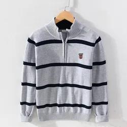 Autumn Winter 100% Cotton Sweaters Men's Striped Sweaters Pullovers Male Stand Collar Slim Fit Knitted Tops 3XL