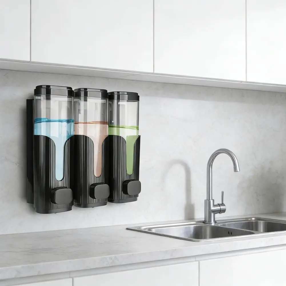 Triple Liquid Dispenser Wall Mounted Dispenser Organizer for Bathroom Shampoo Conditioner Shower Gel No Drill Liquid Lotion Pump