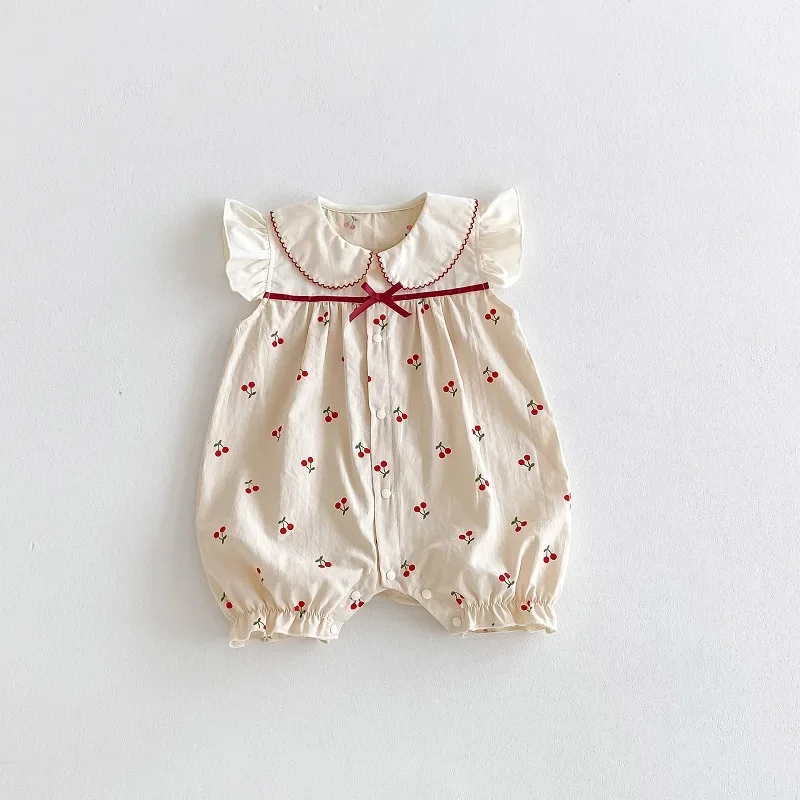 

INS Summer Baby Girl Clothes 0-2Years Newborn Princess Fly Sleeve Peter Pan Collar Cherry Print Cotton Romper Bow Jumpsuit