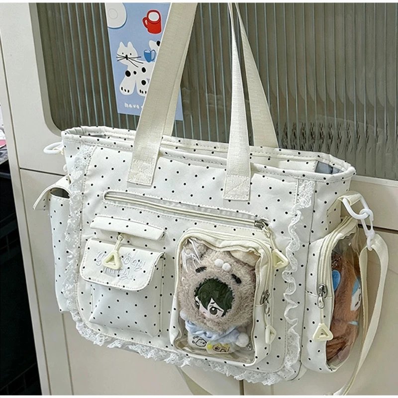 Japanese Polka Dots Ita Bag Transparent Multiple Pockets Shoulder Bag Lace Trim Decor Girls' Cute Handbag Student Commuter Bag