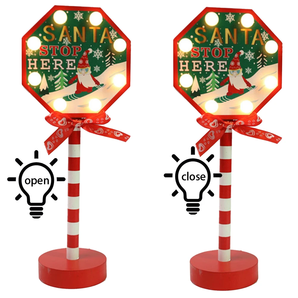 Santa Stop Here Sign LED Light Xmas Table Decoration Wooden Light Up Desktop Ornaments Warm Light Battery Powered for New Year