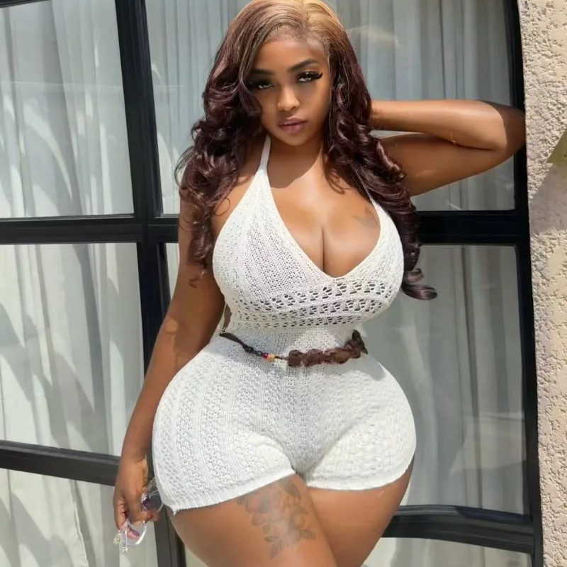 

Женские однотонные вязаные комбинезоны с вырезами, сексуальные, с V-образным вырезом, на шнуровке, с открытой спиной, облегающие, для отпуска, пляжные, повседневные, уличная мода