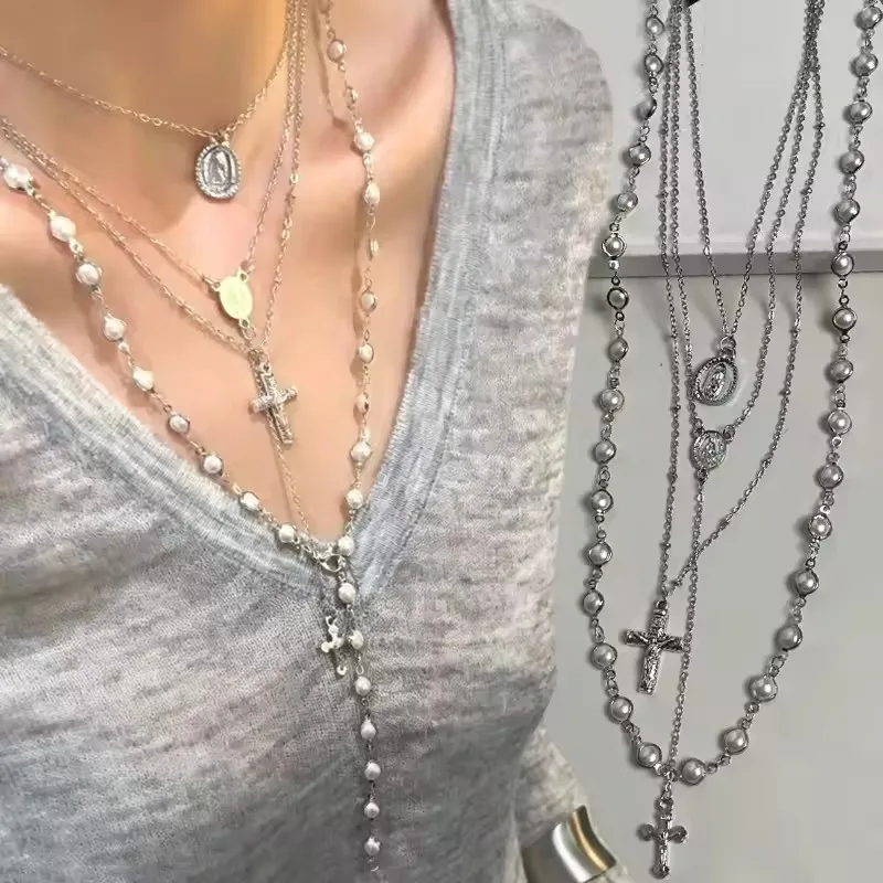 Fashion Cross Pearl Vintage Necklace Multi Layer Bead Necklace Women Charm Personalized Sweater Chain Choker Jewelry Accessories
