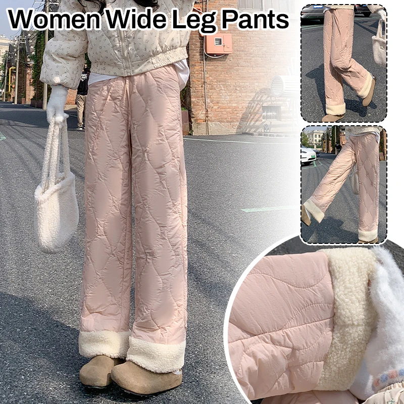 Women Winter Warm Wide Leg Polar Fleece Pants Causal Thicken Fluffy Baggy Pants Snow Warm Windproof Quilted Straight  Trousers