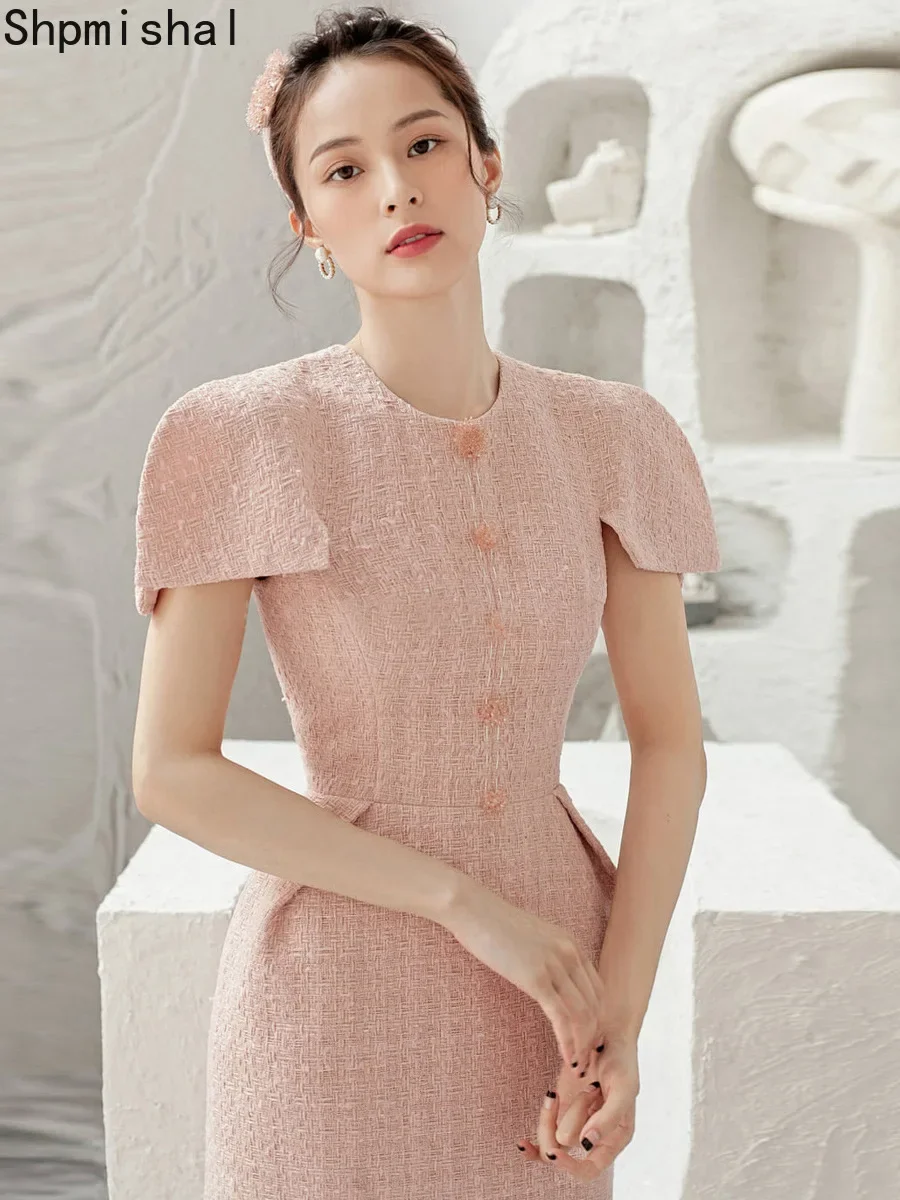 

Autumn New Ladies Gentle Style Light Pink Thick Tweed Dress Elegant Small Dress with Temperament Wrapped Hips Women Clothes