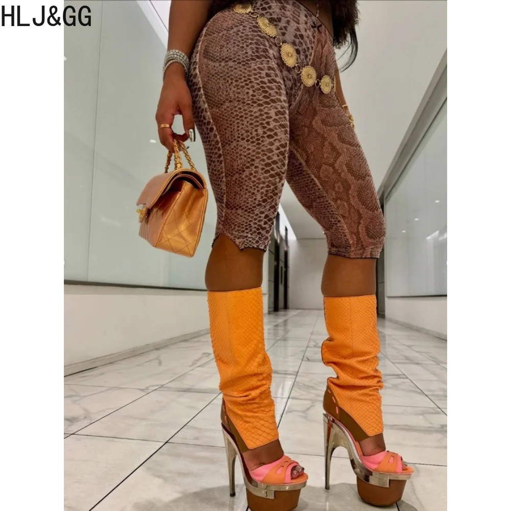 HLJ&GG Sexy Leather Hollow Bandage Halter Two Piece Sets Women Sleeveless Slim Crop Top + Mesh Leopard Shorts Outfits Streetwear view 4