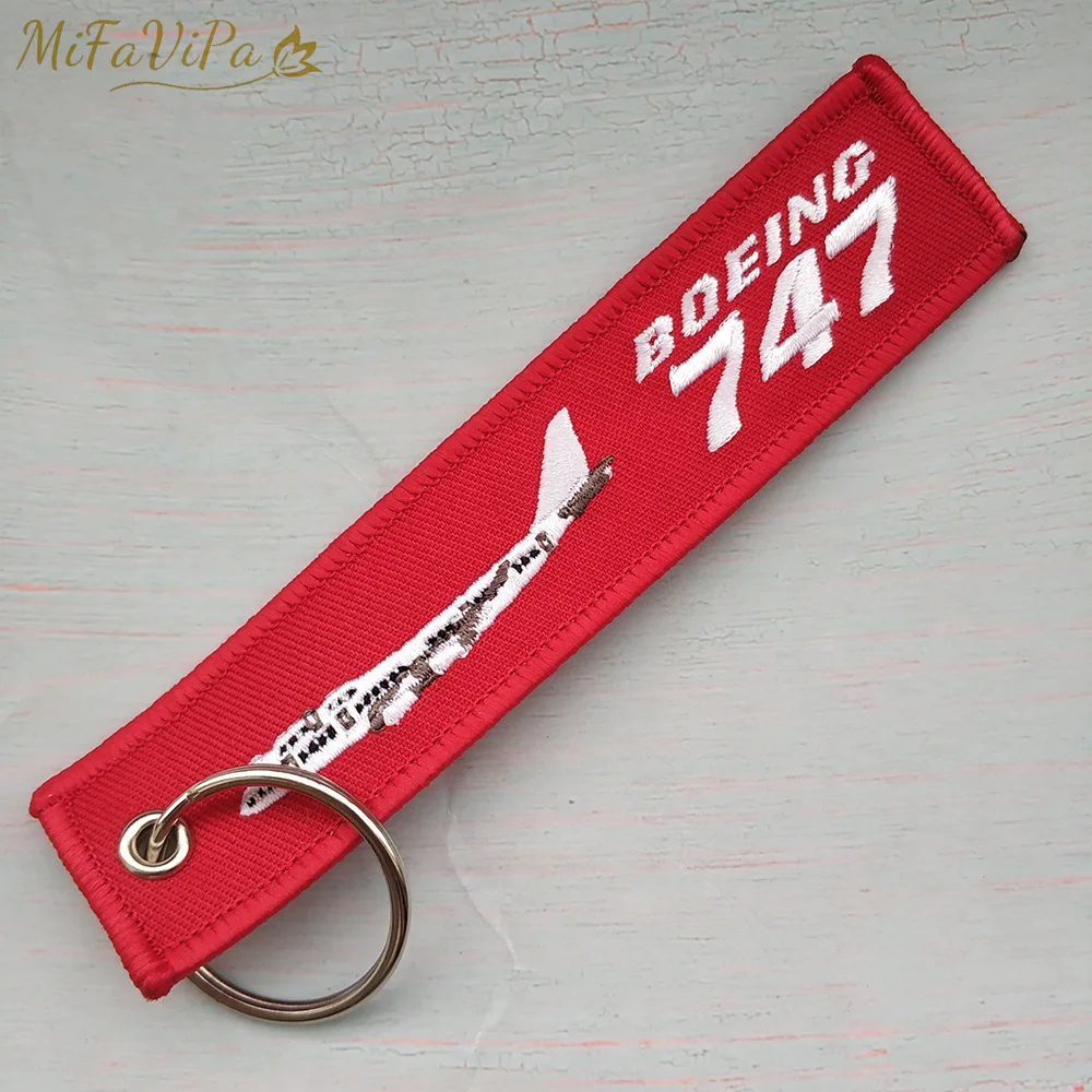 MiFaViPa Embroidery Boeing 747 Keychains Phone Strap Black Red Aviation Key Chains for Pilot Gifts Flight Crew Keyring Tags