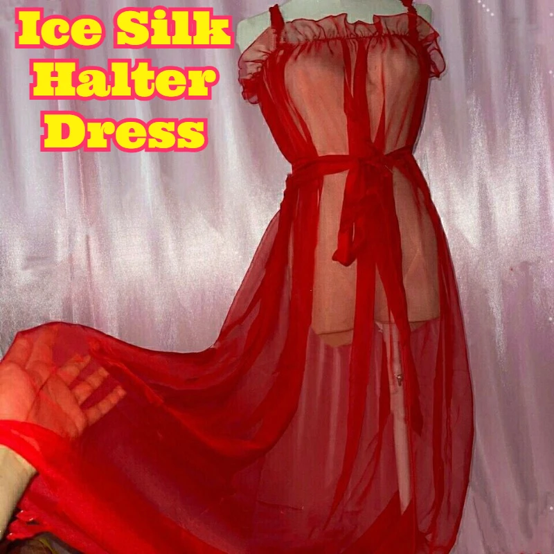 Women Ice Silk Slip Dress Ultra Soft Smooth Thin Sheer See Through Lace Trim Sexy Nightgown Scarf Edge Decorative Sleepwear Wear
