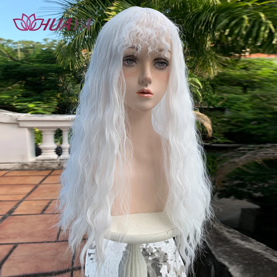 HUAYA Synthetic White Long Wave Curly Wigs for Women Natural Wave Wigs with Bangs Heat Resistant Cosplay Hair