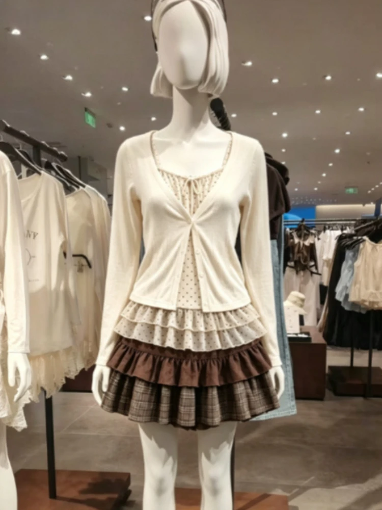 Fall Retro French 3Pcs Complete Outfits Ladies Y2K Crop Top Mini Skirts Vintage American Street Daily Matching Casual Apparel
