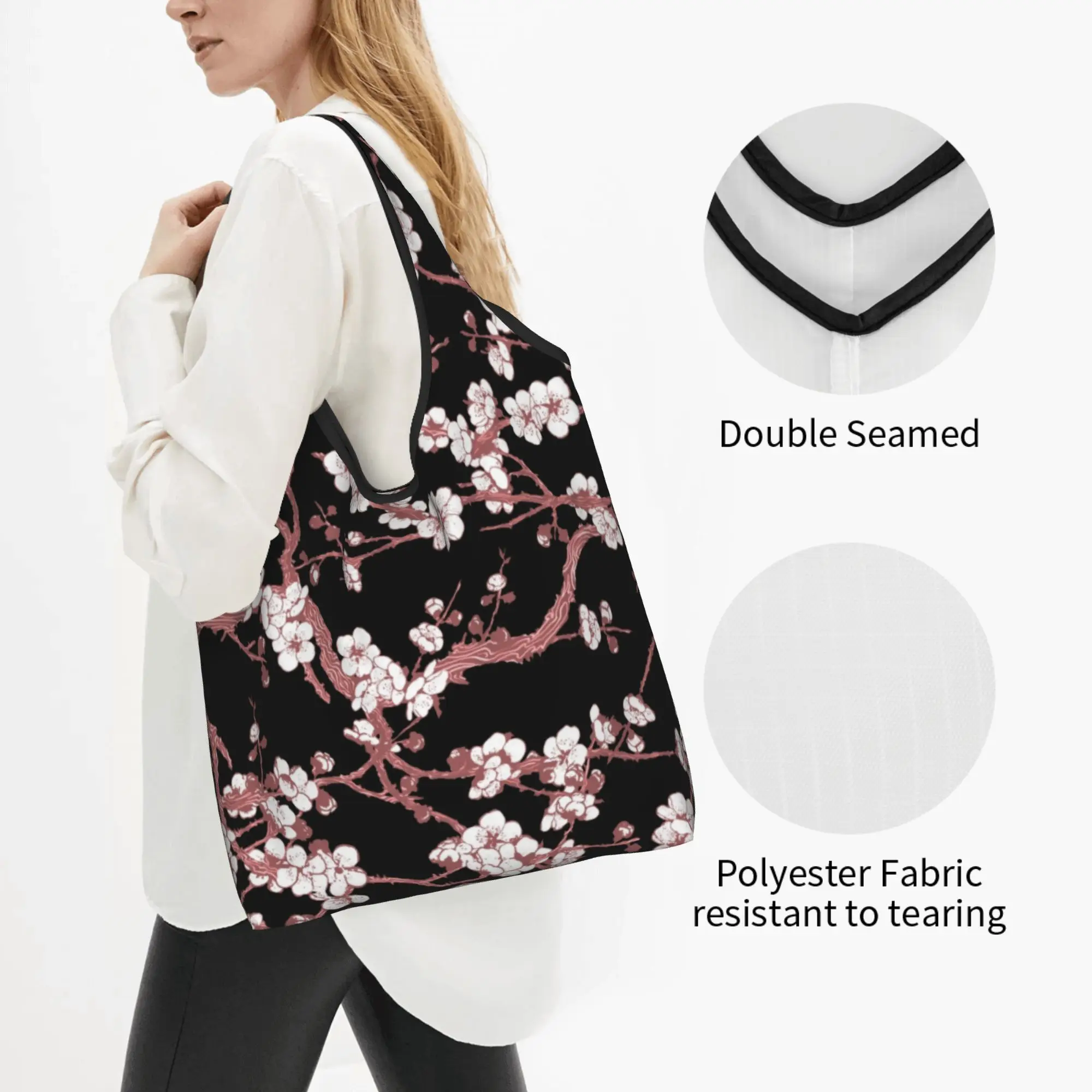 Fashion Printing Sakura Tree Cherry Blossoms Tote Shopping Bag Portable Shopper Shoulder Flowers Floral Handbag