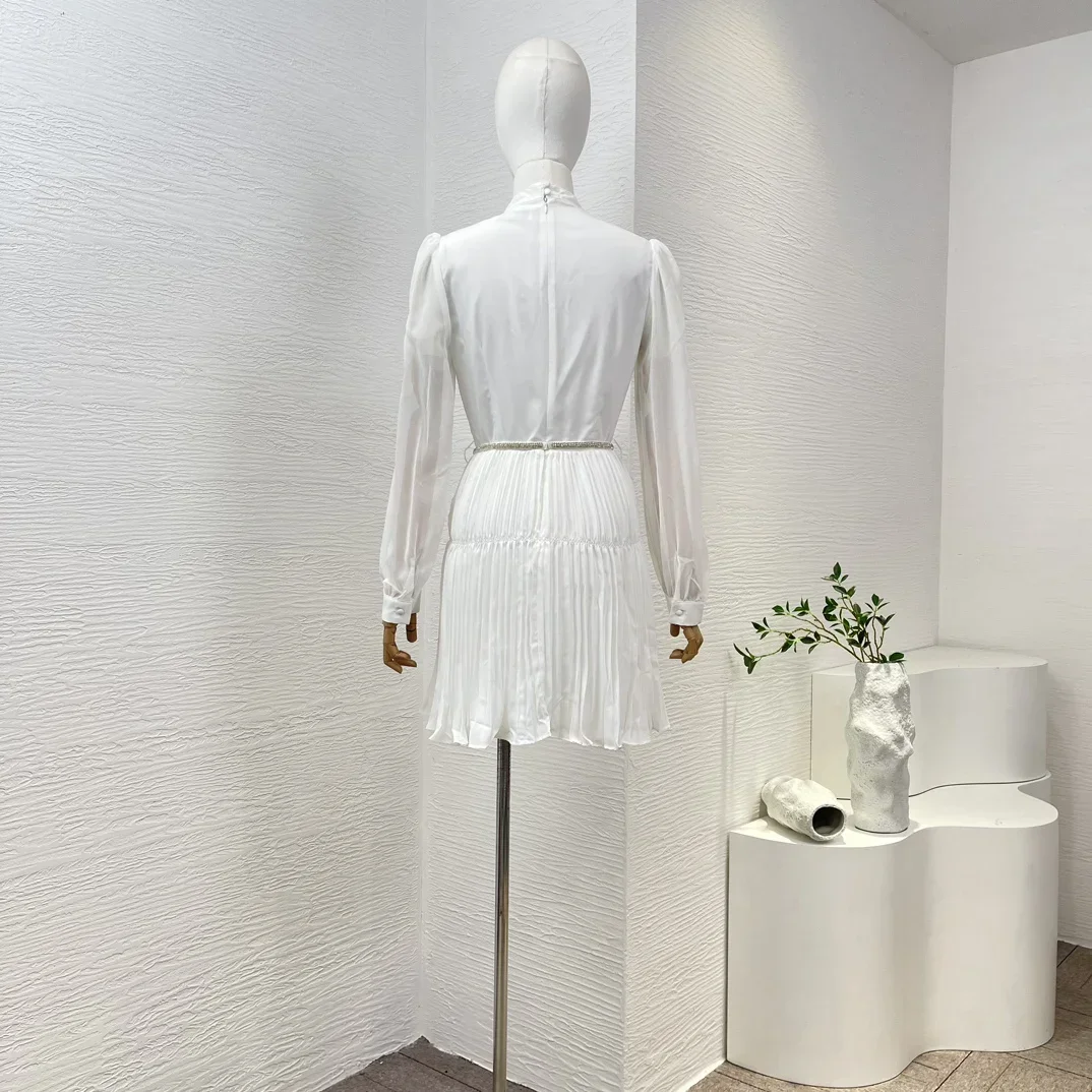 Women's White Pleat Frilled Ruffles Mini Dress Long Sleeves Diamonds Bow New High Quality