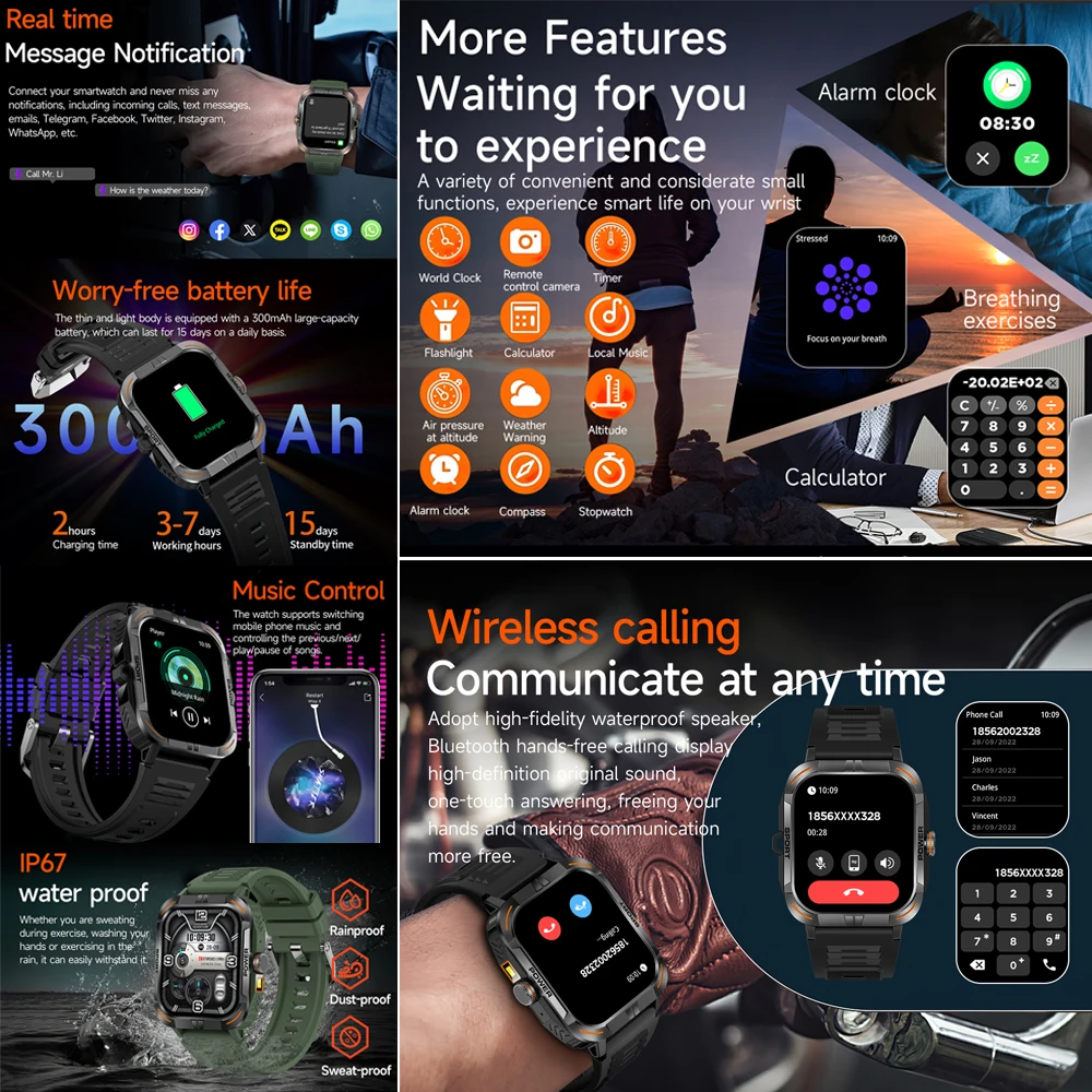 男性用の頑丈なミリタリーコネクテッドウォッチ,防水,屋外用,Bluetooth,通話,Amoled,al voice,Android,iOS,lp68,1.97インチ