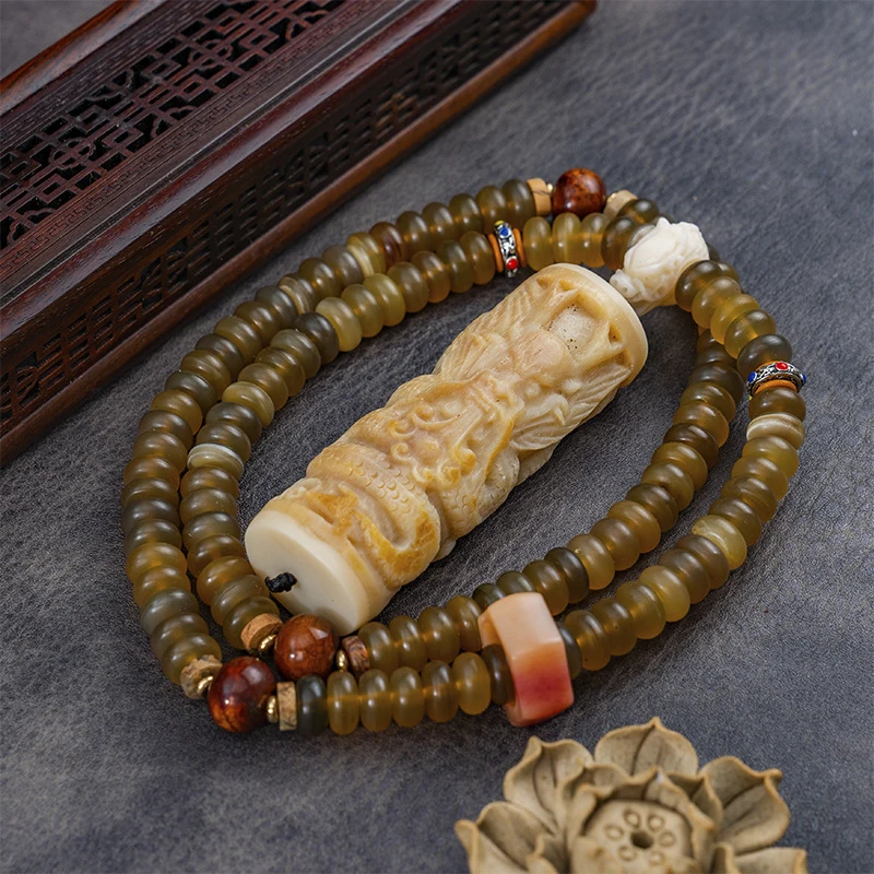 108-piece Panaxia tortoise shell Buddhist beads with bone-carved dragon pillar pendant, semi-glossy hexagonal dragon head three-