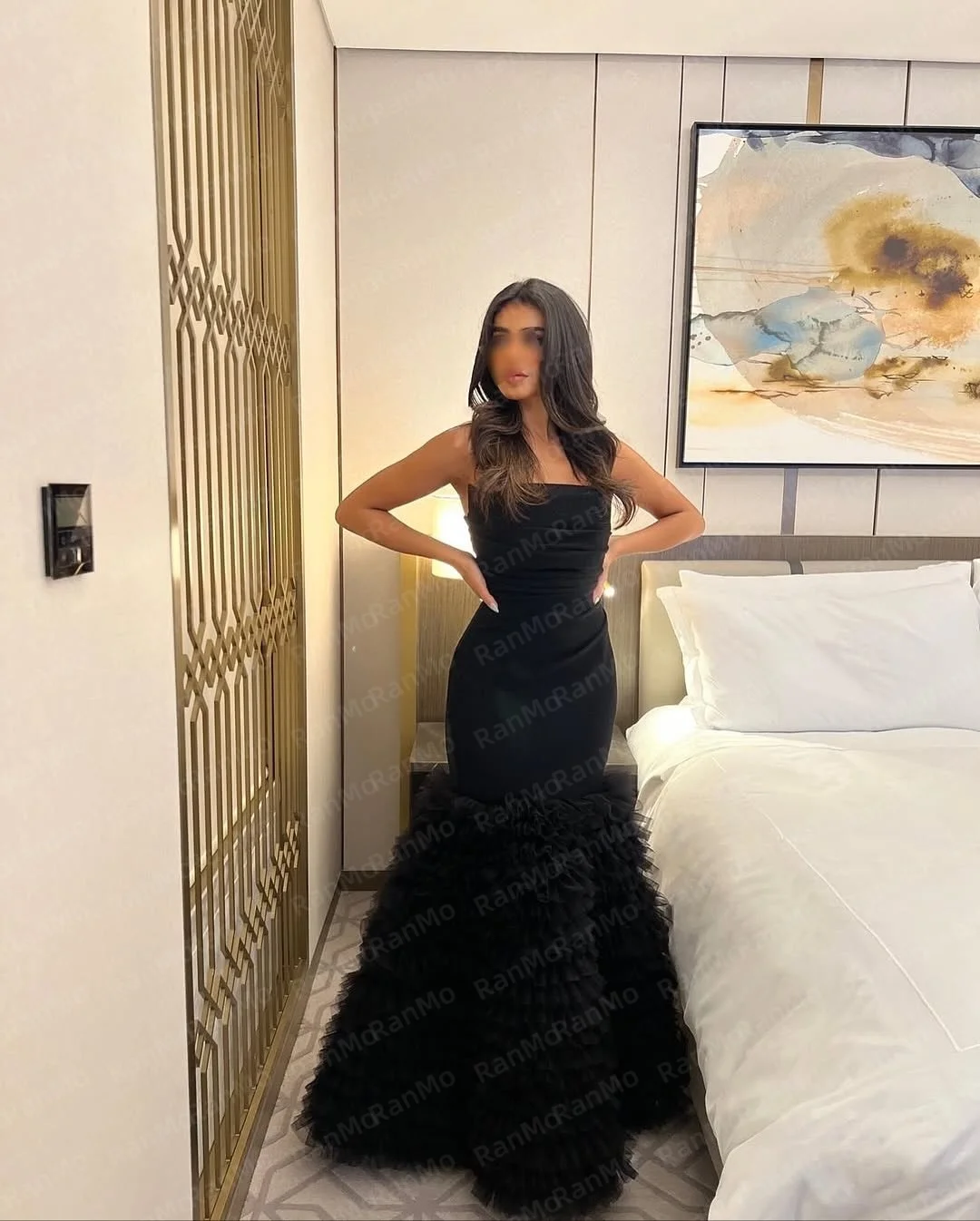 Ranmo-Vestidos De Noche negros personalizados, Vestidos De graduación multicapa De tul, sirena sin tirantes, hombros descubiertos, ajustados, 2026