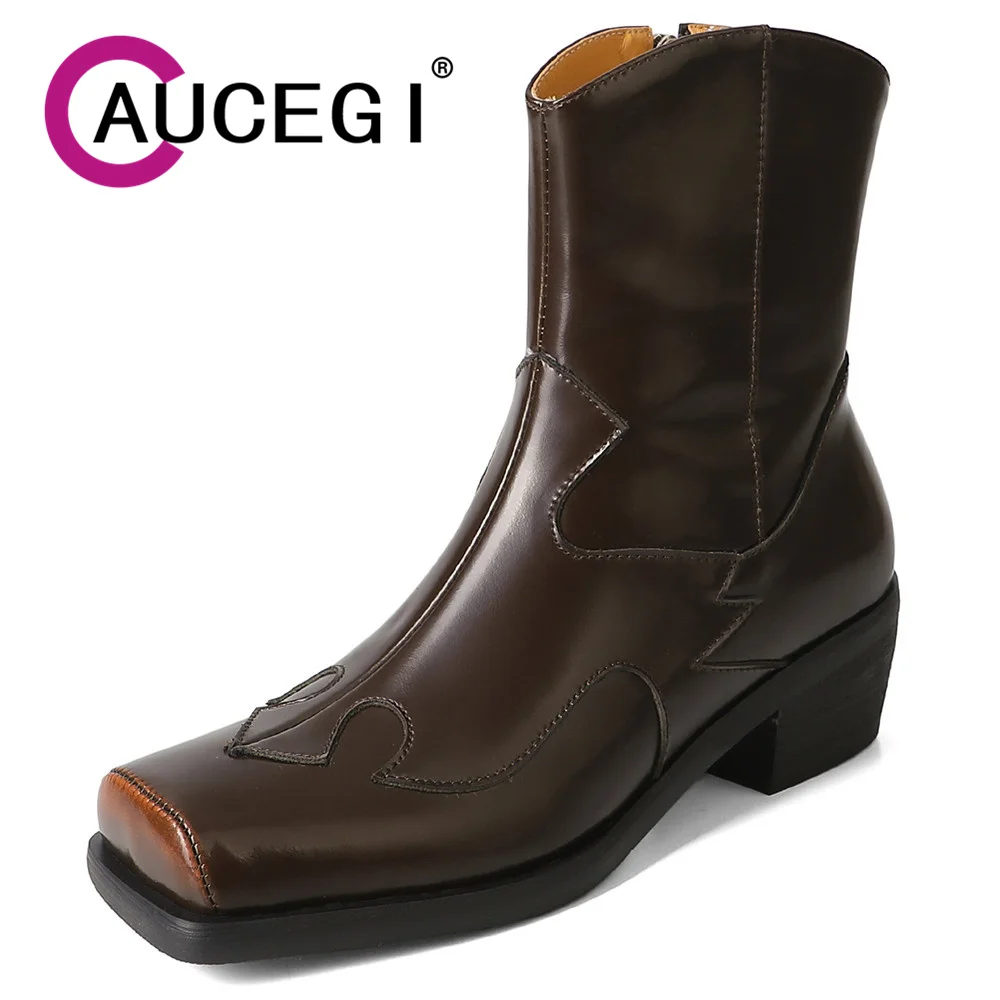 

Aucegi Latest Fashion Women Genuine Leather Ankle Boots Elegant Square Toe Thick Heel Spring Autumn Daily Life Manual Made Shoes