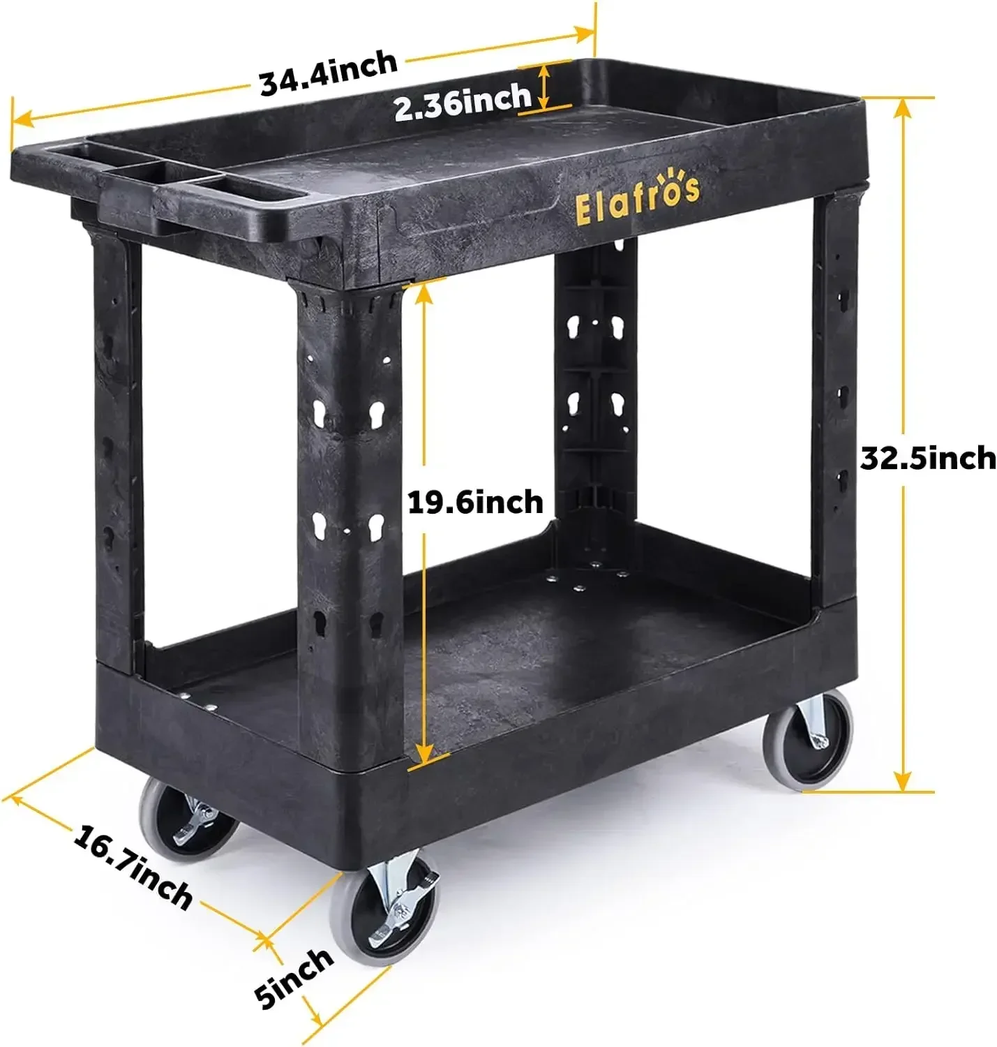 Heavy Duty Plastic Utility Cart 34 x 17 Inch - Work Cart Tub Storage W/Deep Shelves and Full Swivel Wheels Safely